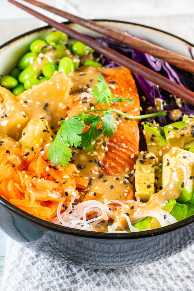 Grilled Salmon Bowl with Miso-Ginger Dressing