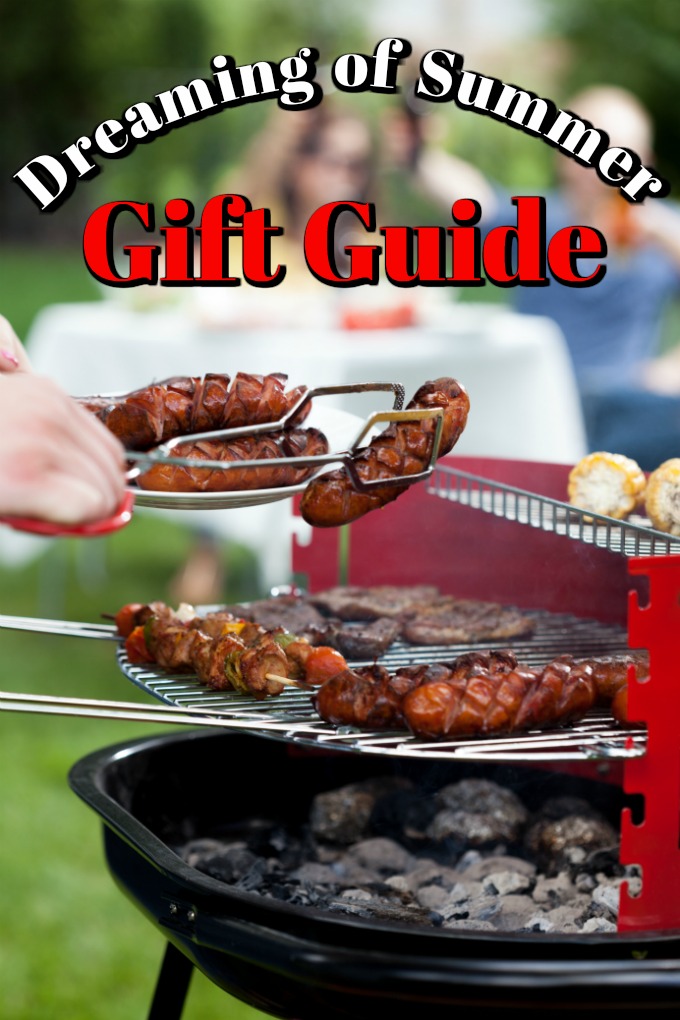 Dreaming of Summer Gift Guide with charcoal grill, smokies, kebabs and other meats on the grill