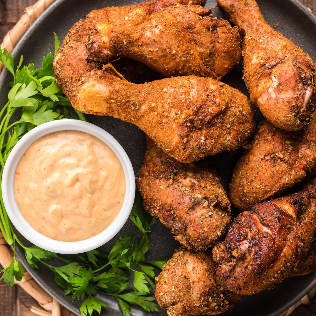 Smoked dry rub chicken drumsticks on a dark platter with a small bowl of chipotle aioli and a spring of parsley.
