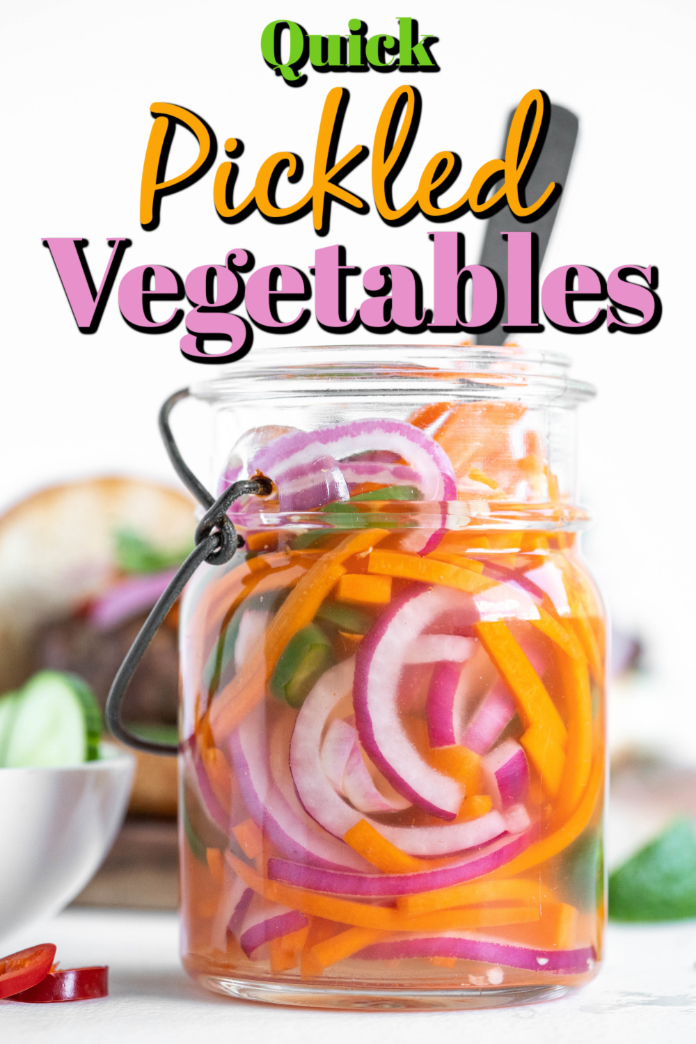 These pickled veggies are fantastic on so many things. They are perfect for toppings on burgers, deli-style sandwiches, or just to munch on right out of the jar!