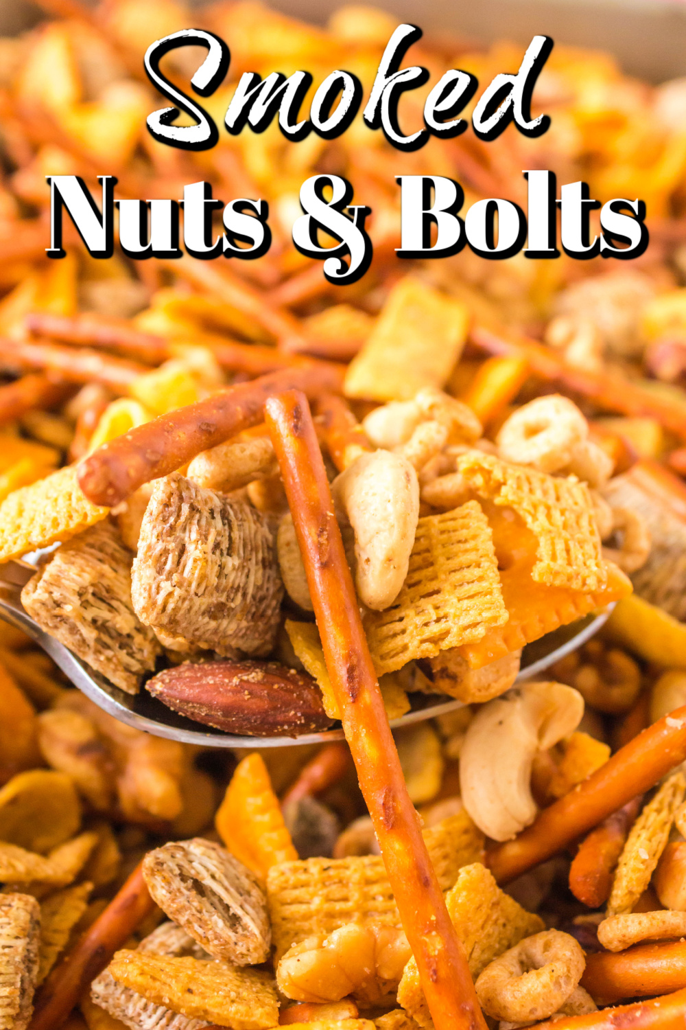These smoked mixed nuts and bolts are the perfect snack for any gathering from holidays to game days. Everyone is going to love them!