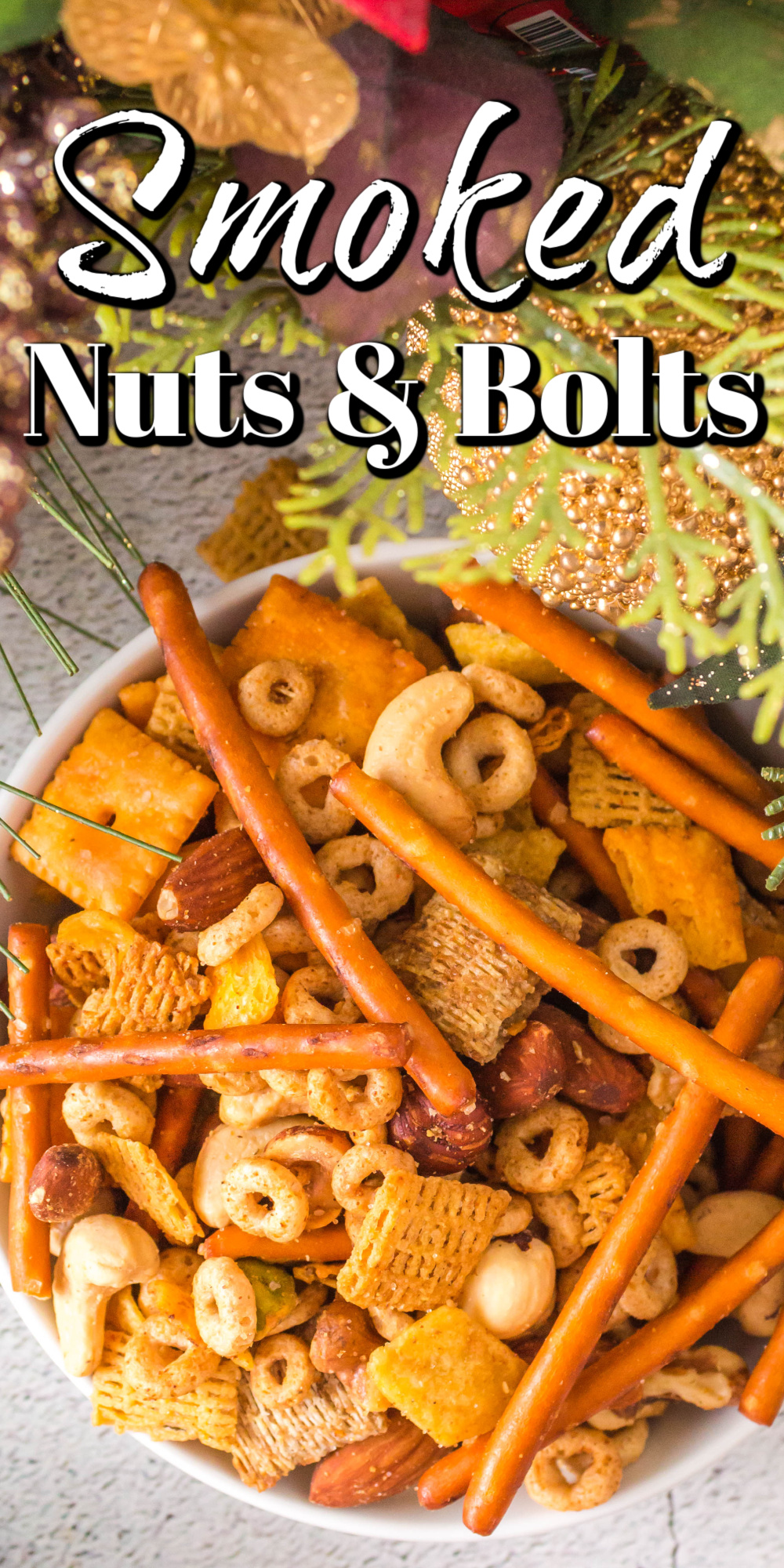 These smoked mixed nuts and bolts are the perfect snack for any gathering from holidays to game days. Everyone is going to love them!
