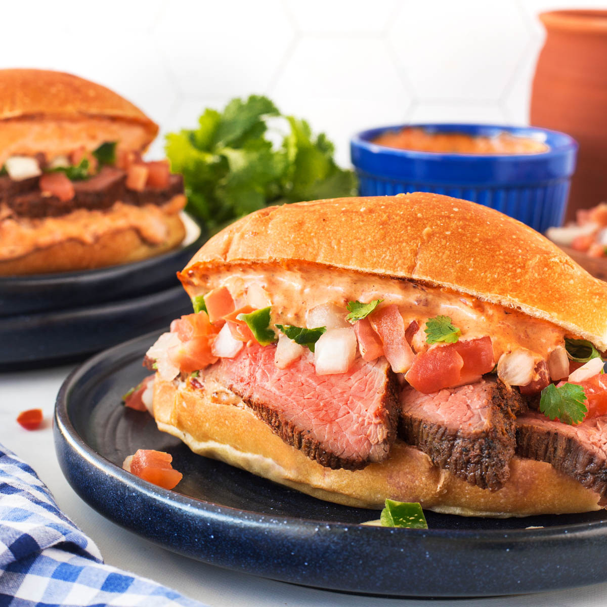 Grilled tri-tip sandwich on a black plate with pico de gallo and chipotle mayo.