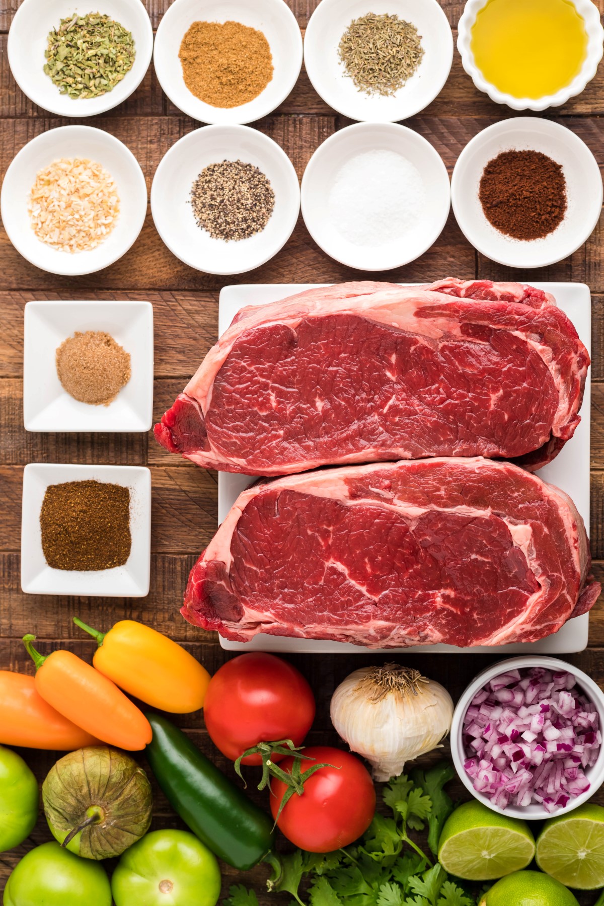 All the ingredients to make this amazing Ancho Chili Ribeye steak recipe with salsa.