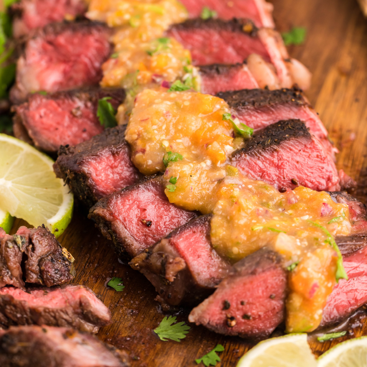 Slices of grilled ribeye steak drizzled with homemade salsa on a wooden board.