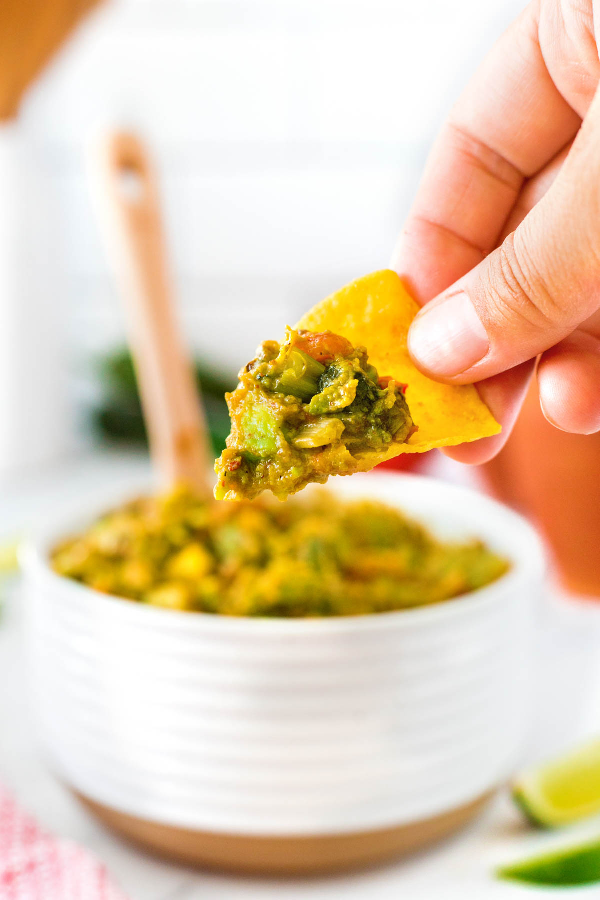 Grilled guacamole on a tortilla chip