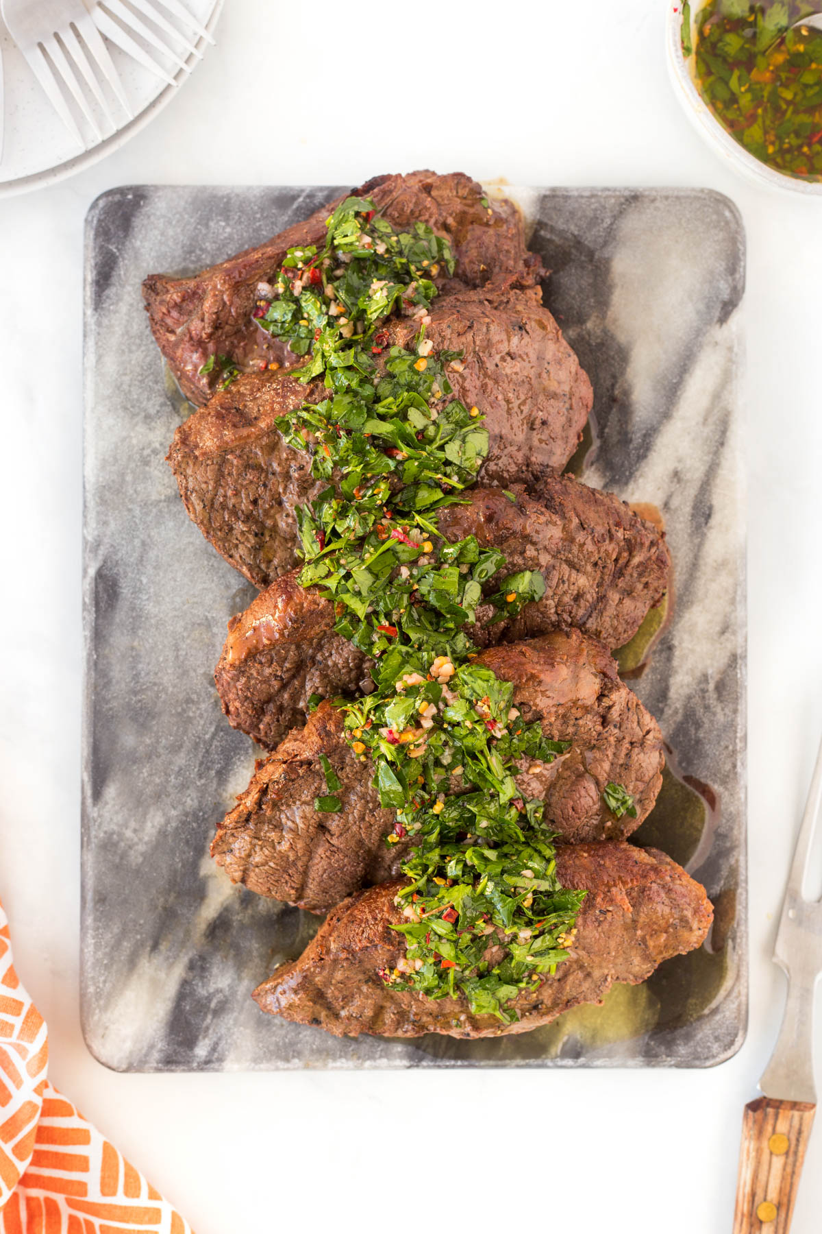 Grilled Picanha with chimichurri over top.