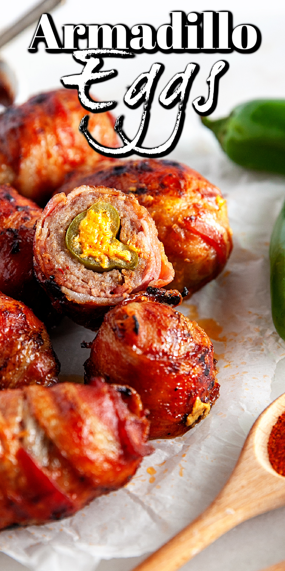 These armadillo eggs are fantastic! The spicy jalapeno, the creamy cheese, the sausage and bacon. What's not to love?
