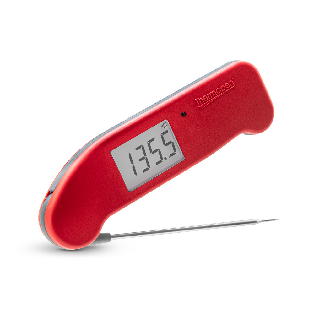 Red Thermapen instant read thermometer.