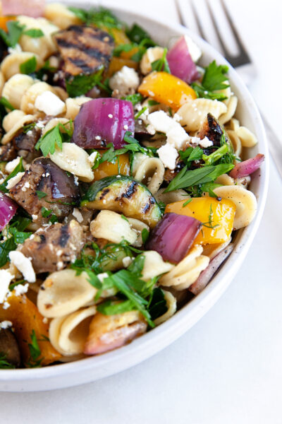 Grilled vegetable salad with orecchiette.